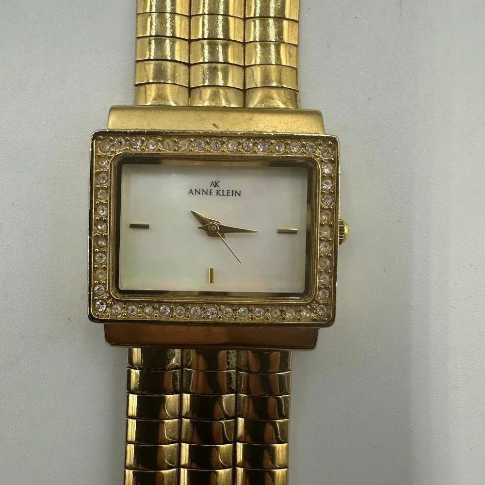 Anne Klein Watch Gold Tone Crystal Bezel Omega Chain Band New Battery 6.25
